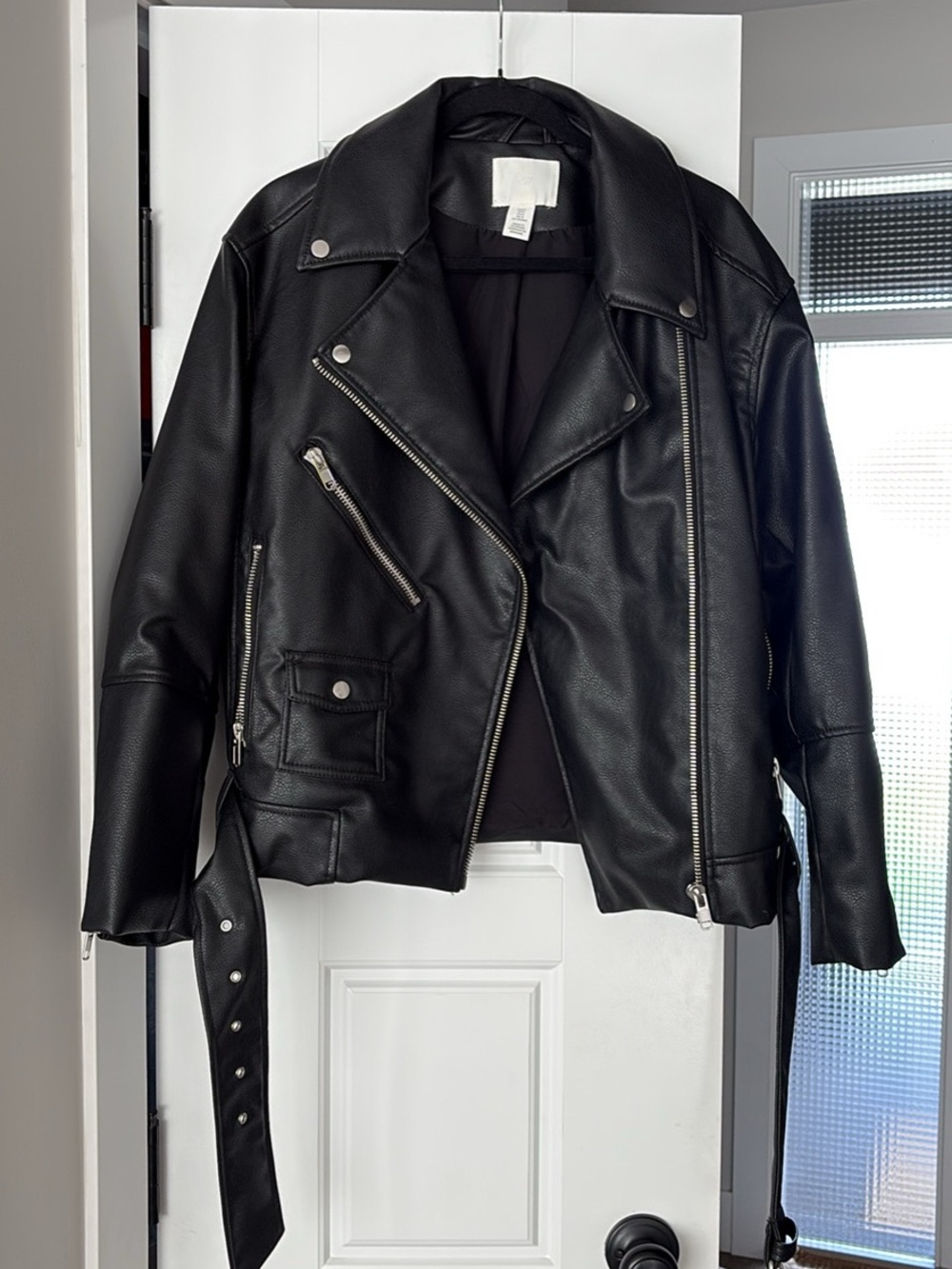 H&M Black Faux Leather Biker Jacket with Silver Hardware